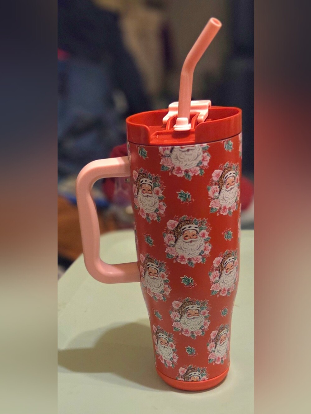 Simply Belle Red Santa Floral 40oz Travel Tumbler with Pink Handle